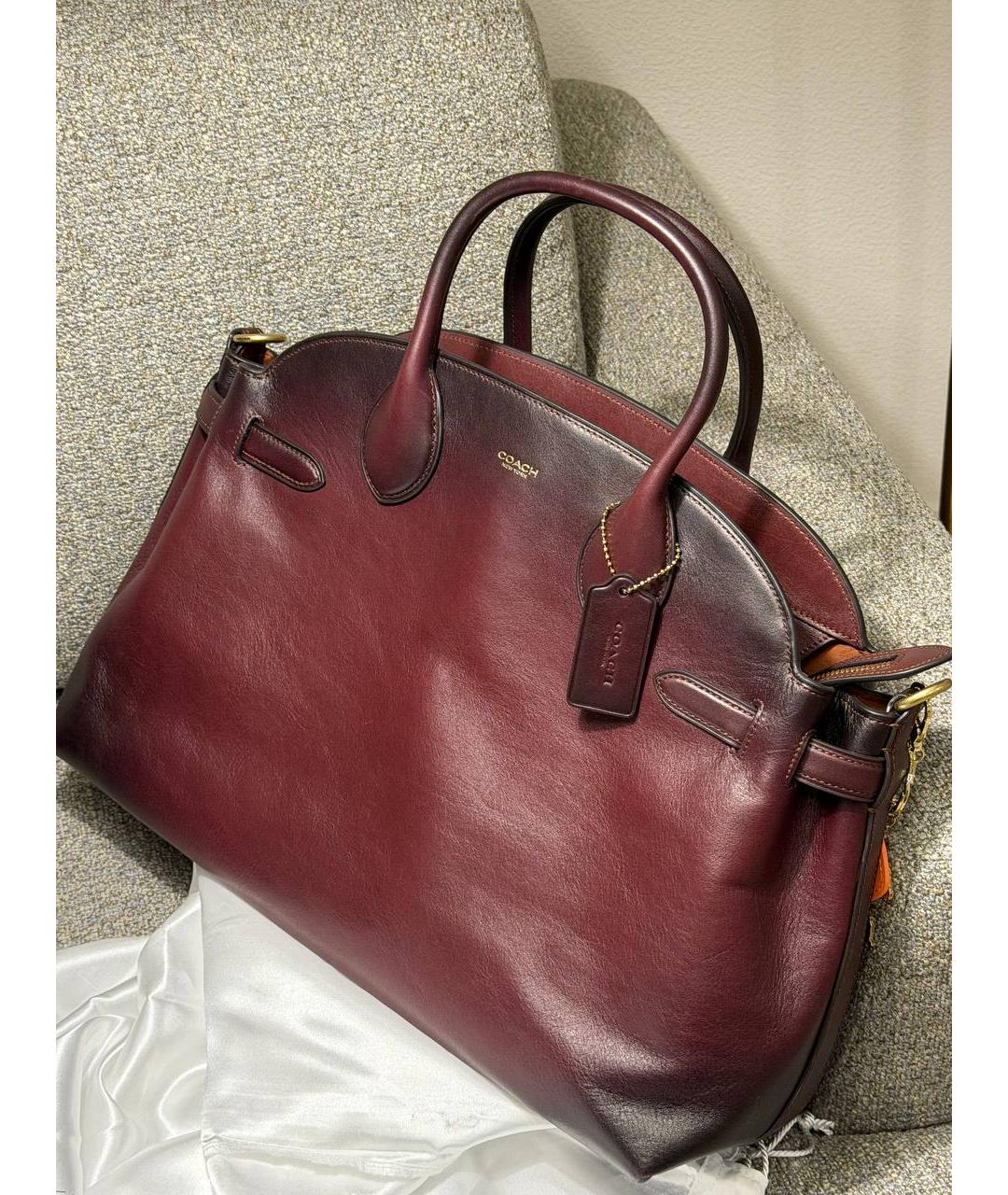 COACH Бордовая кожаная сумка с короткими ручками, фото 6