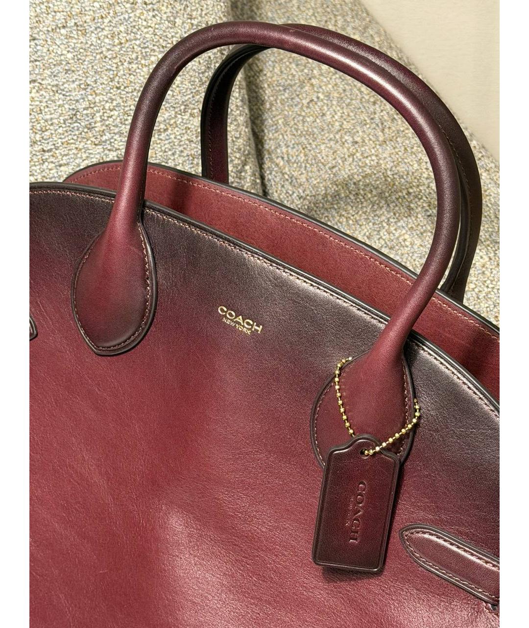 COACH Бордовая кожаная сумка с короткими ручками, фото 7