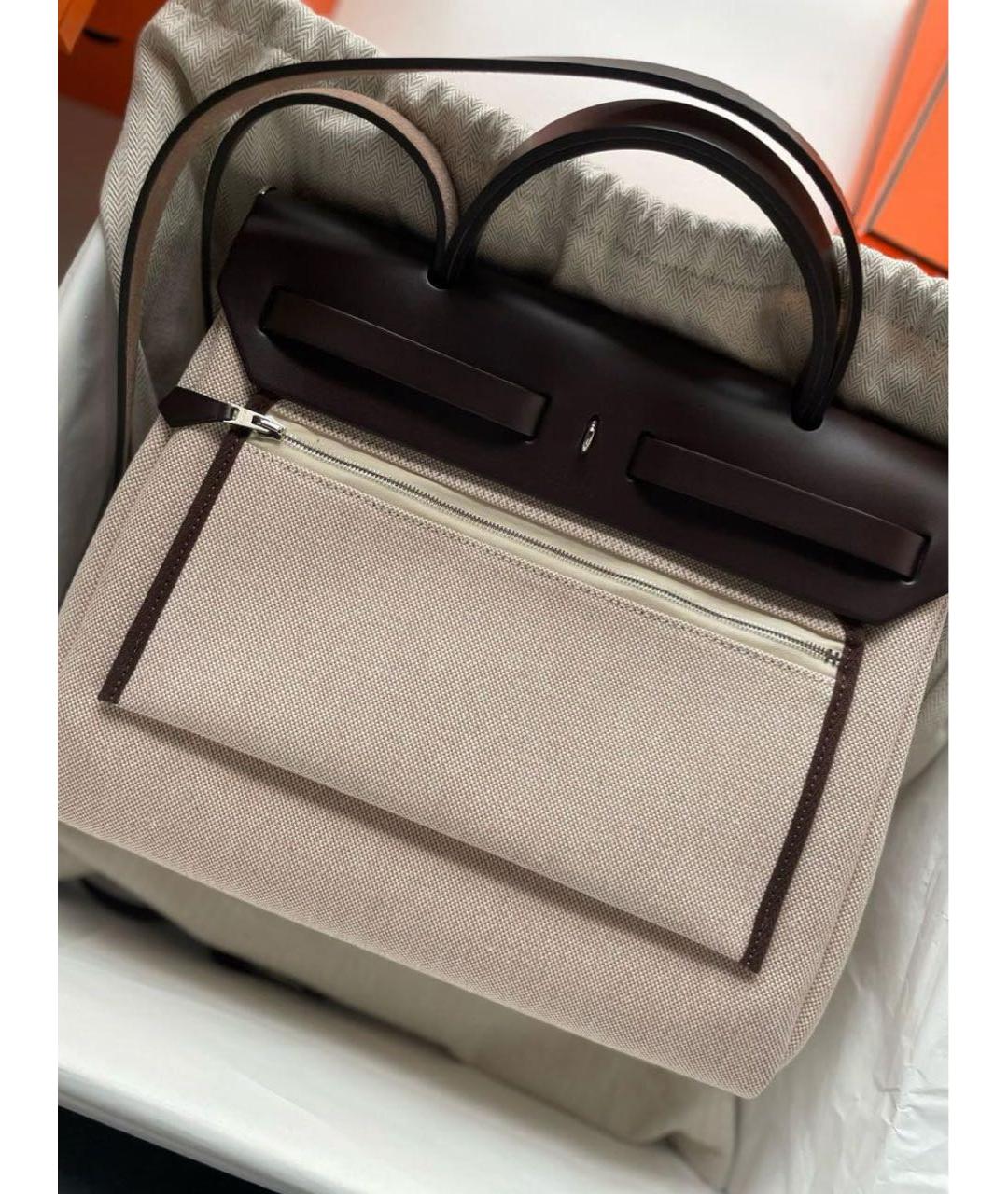 HERMES Бежевая тканевая сумка с короткими ручками, фото 2