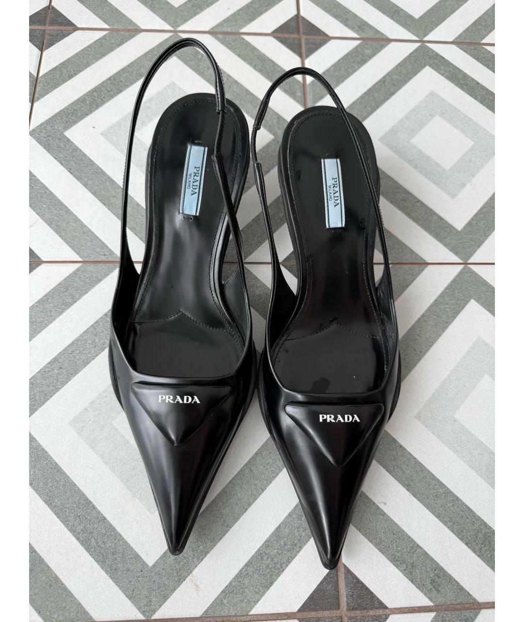 PRADA Черные кожаные лодочки на низком каблуке, фото 2