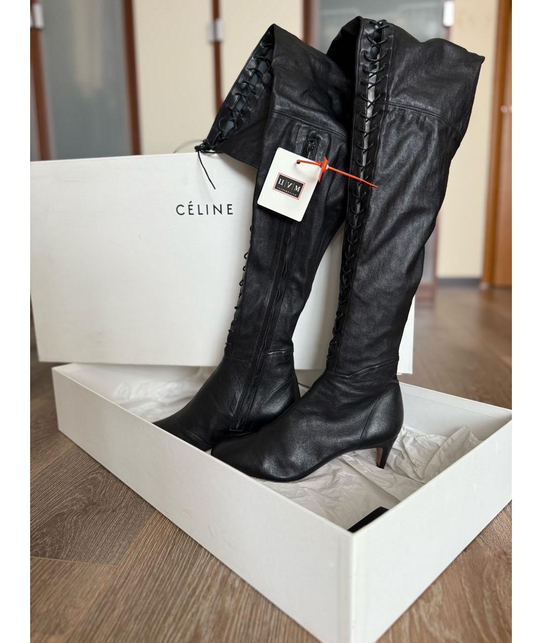 CELINE Черные кожаные ботфорты, фото 2