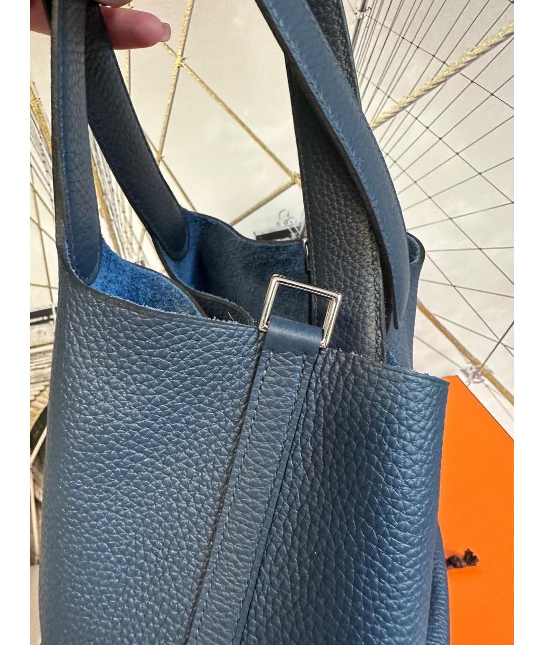 HERMES Темно-синяя кожаная сумка с короткими ручками, фото 7