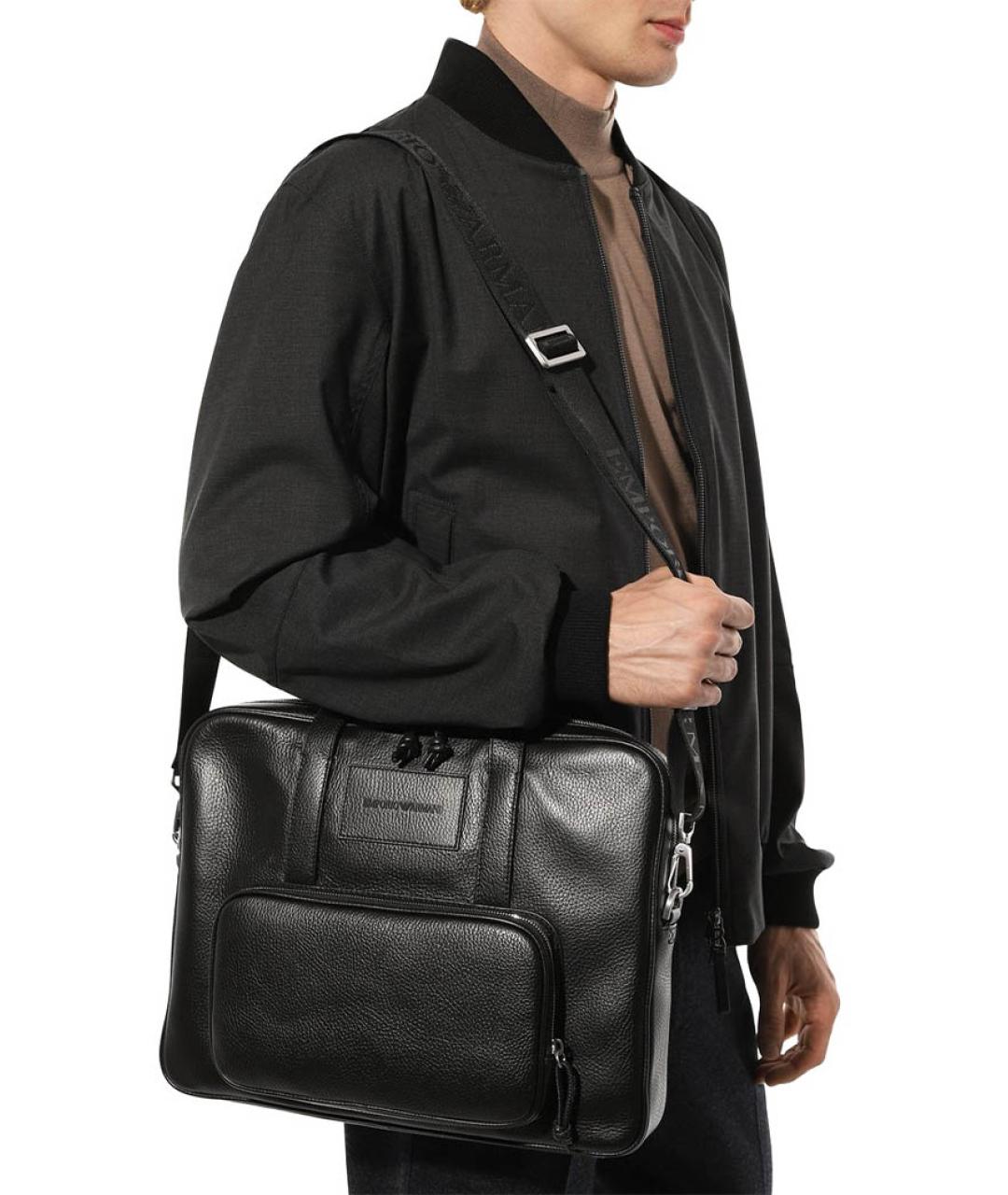 EMPORIO ARMANI Черный кожаный портфель, фото 3