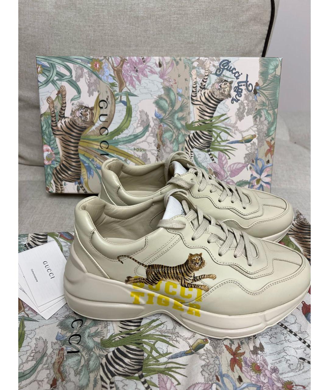 GUCCI Бежевые кожаные кроссовки, фото 6