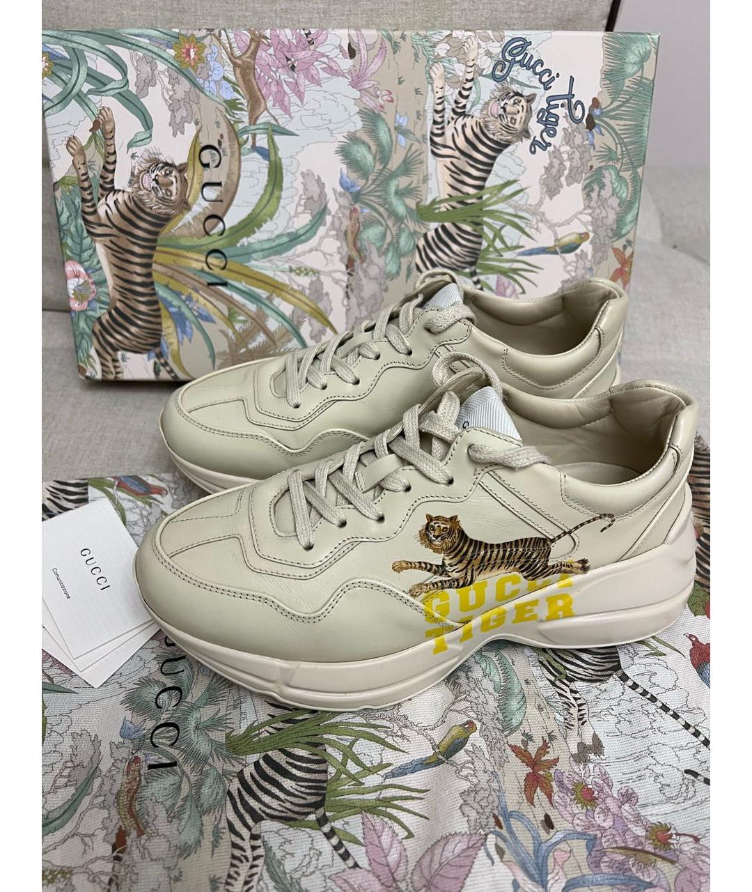 GUCCI Бежевые кожаные кроссовки, фото 5