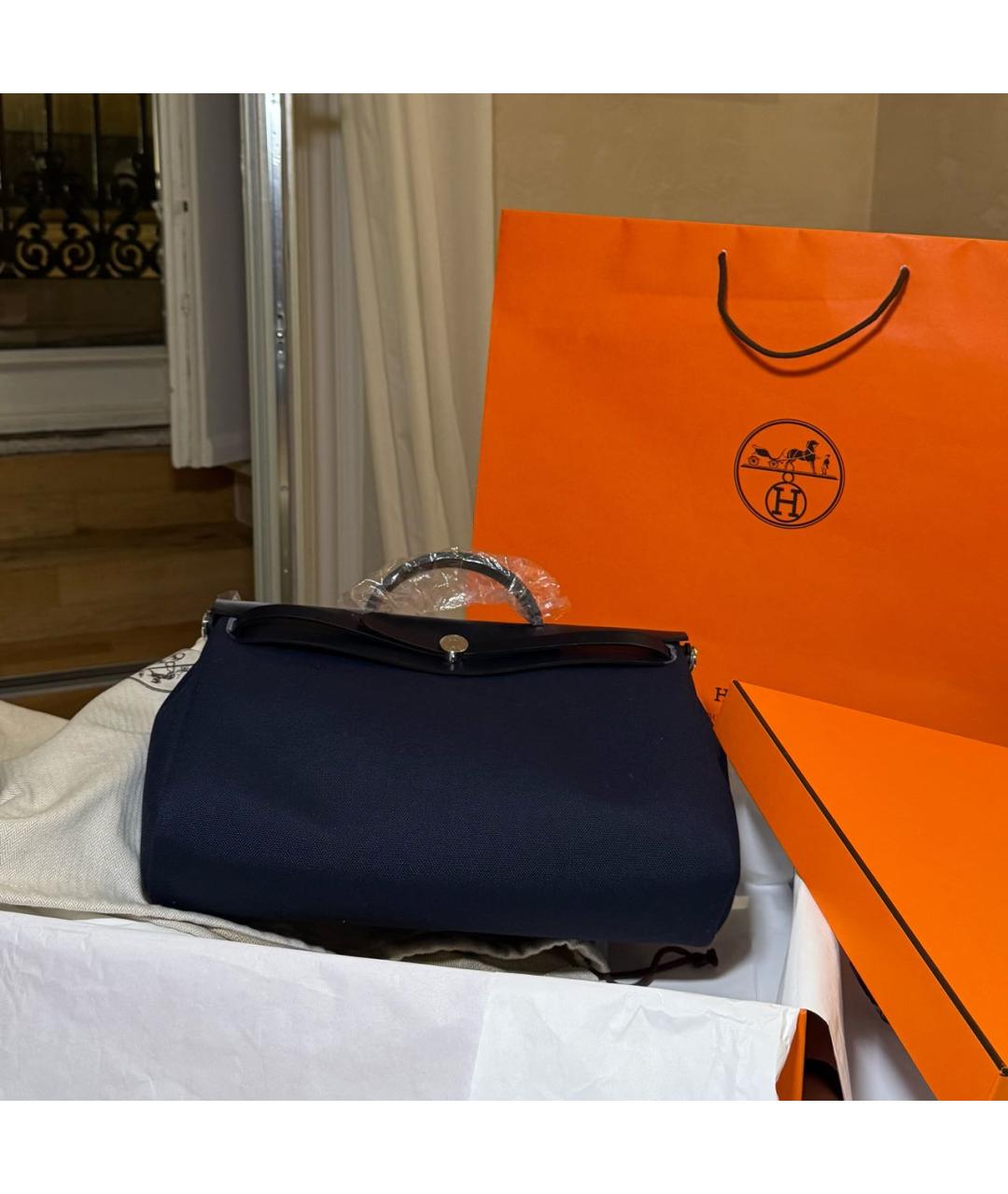 HERMES Темно-синяя тканевая сумка с короткими ручками, фото 3