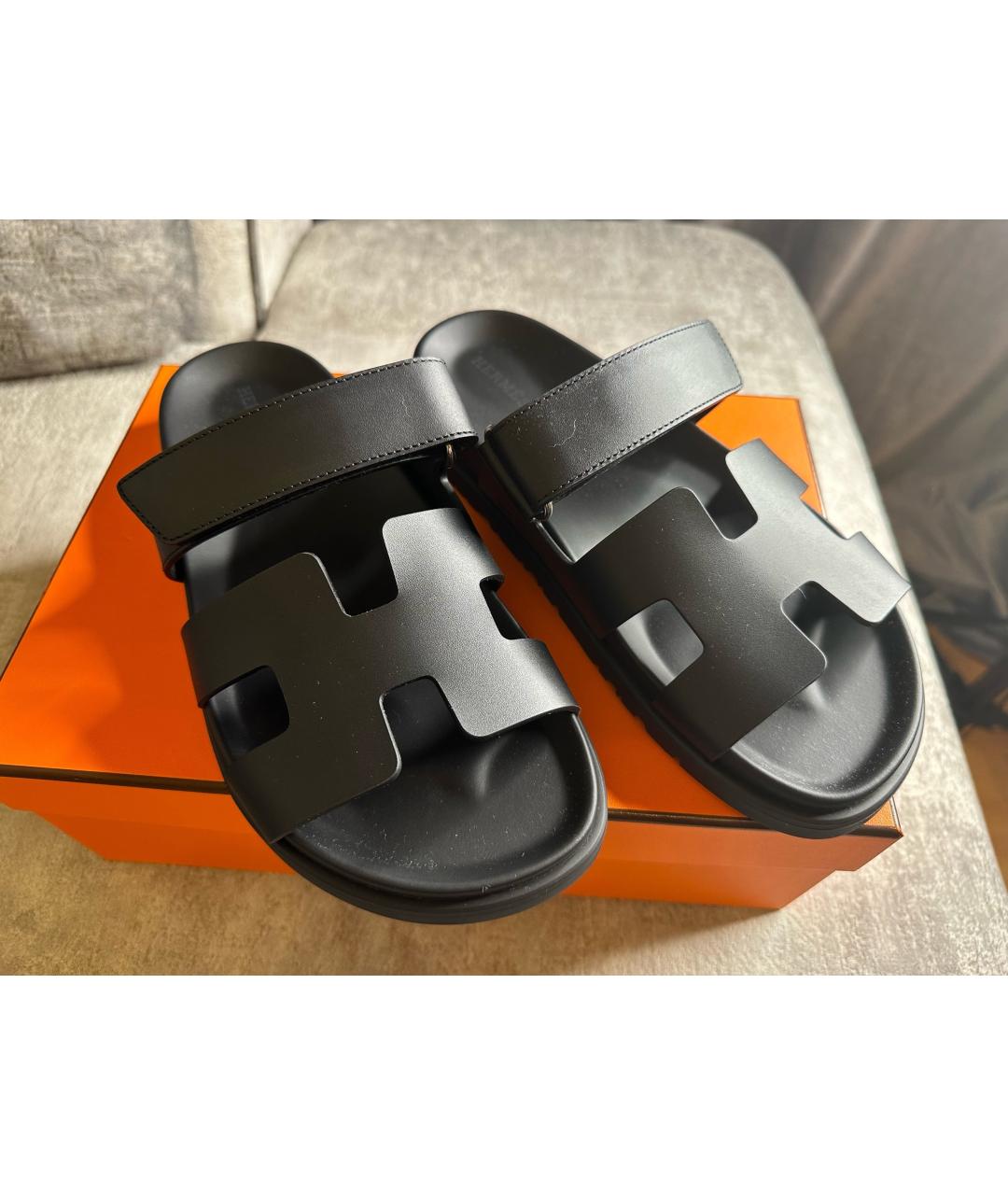 HERMES Черные кожаные сандалии, фото 2