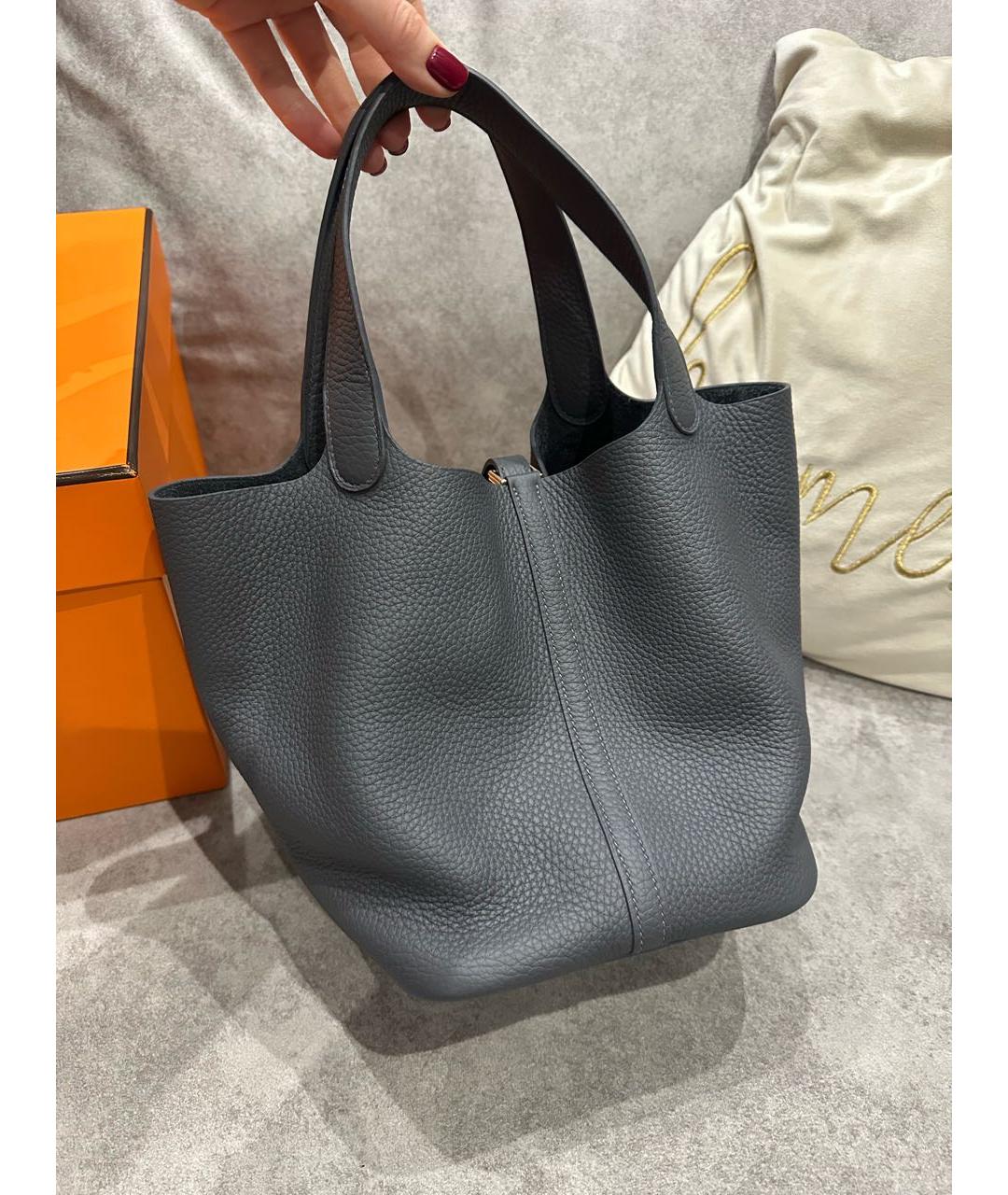 HERMES Серая кожаная сумка с короткими ручками, фото 4