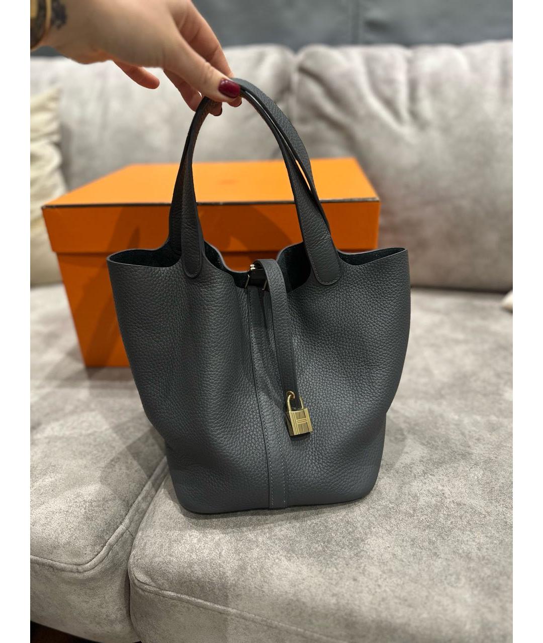 HERMES Серая кожаная сумка с короткими ручками, фото 9