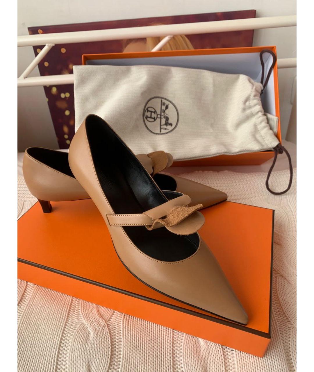 HERMES Коричневые кожаные лодочки на низком каблуке, фото 3