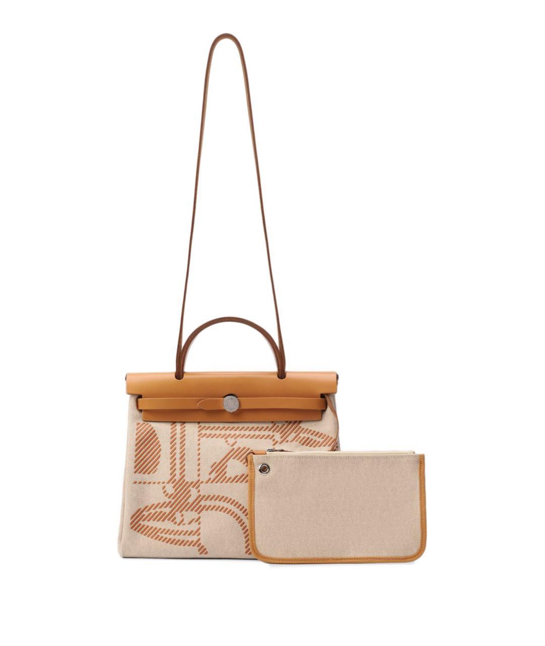 HERMES Бежевая тканевая сумка с короткими ручками, фото 5