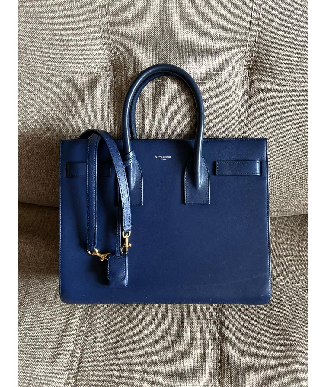 SAINT LAURENT Синяя кожаная сумка с короткими ручками, фото 5