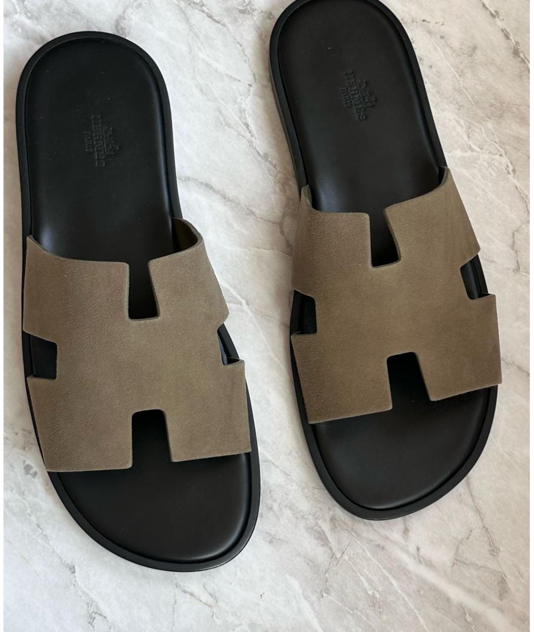 HERMES Хаки замшевые шлепанцы, фото 5