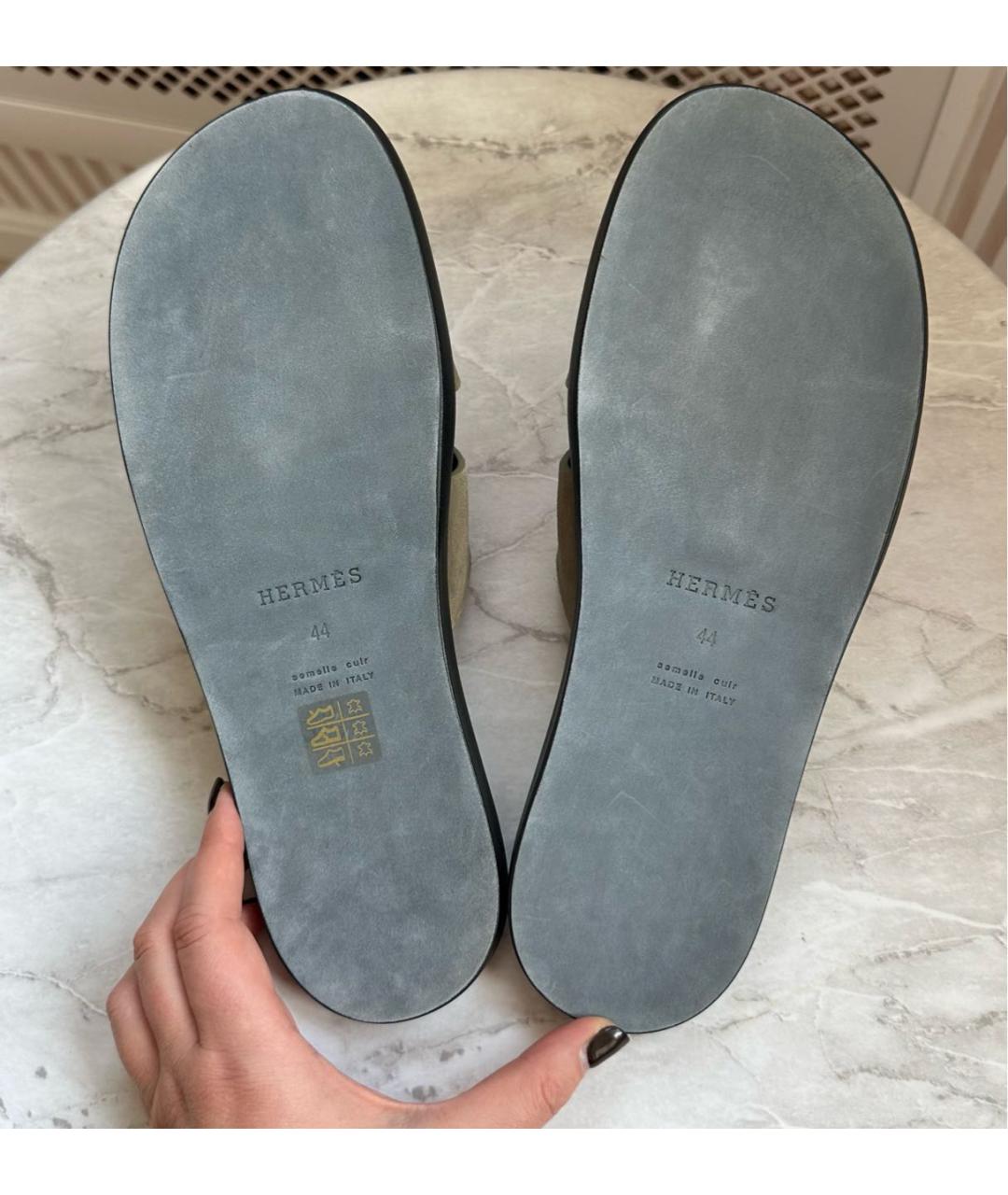 HERMES Хаки замшевые шлепанцы, фото 6