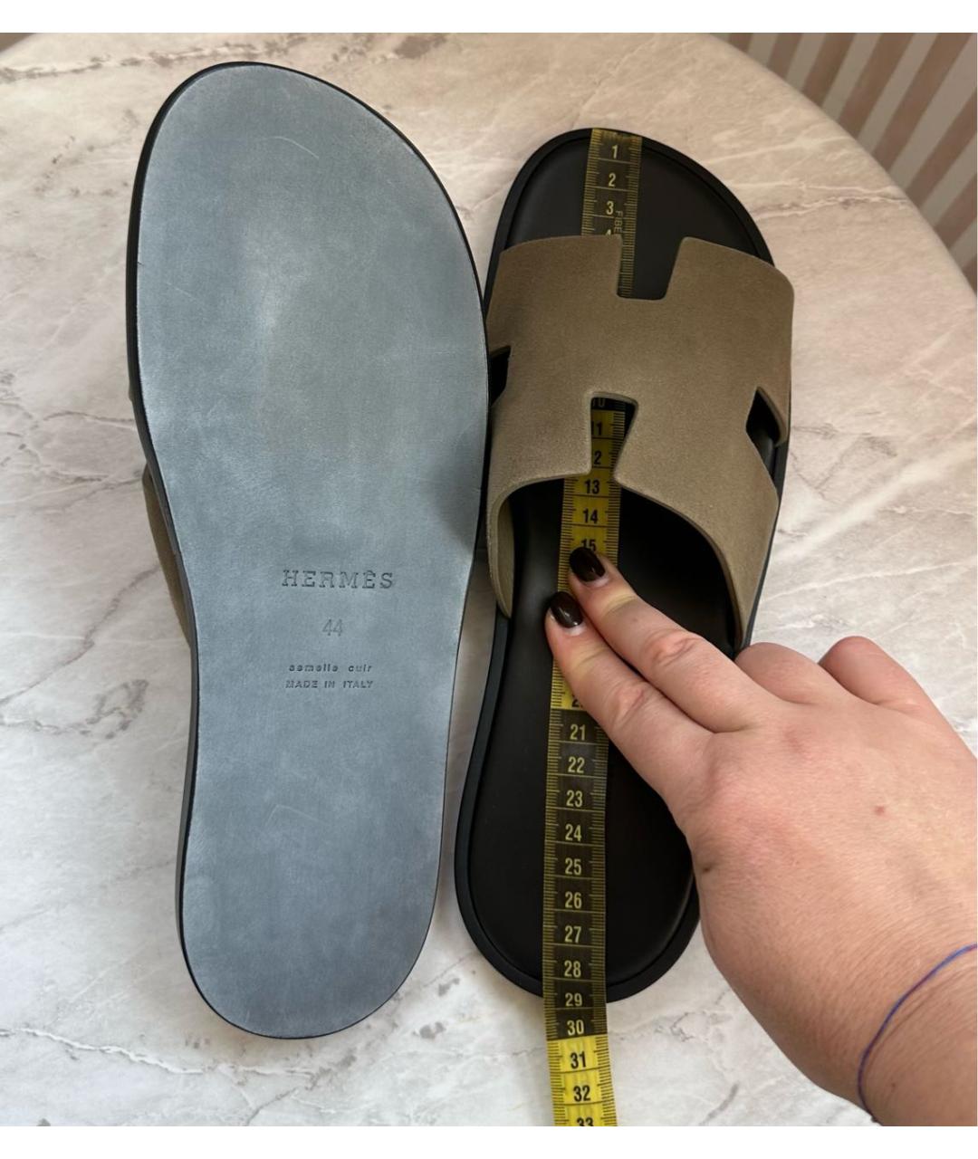 HERMES Хаки замшевые шлепанцы, фото 4