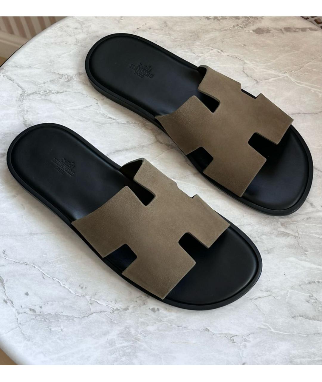 HERMES Хаки замшевые шлепанцы, фото 3