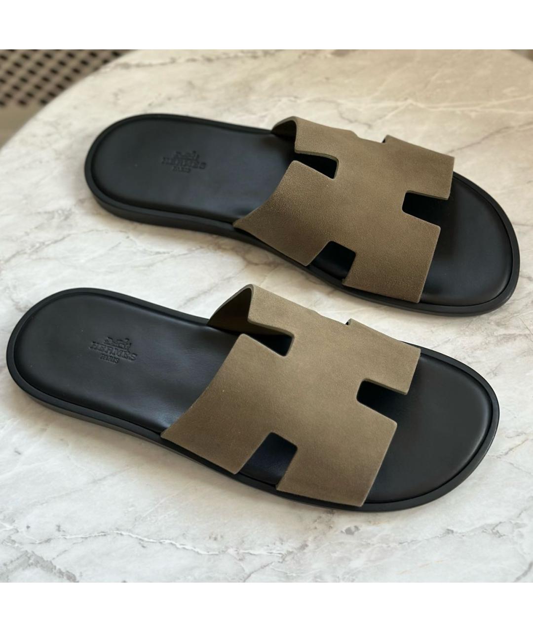 HERMES Хаки замшевые шлепанцы, фото 2