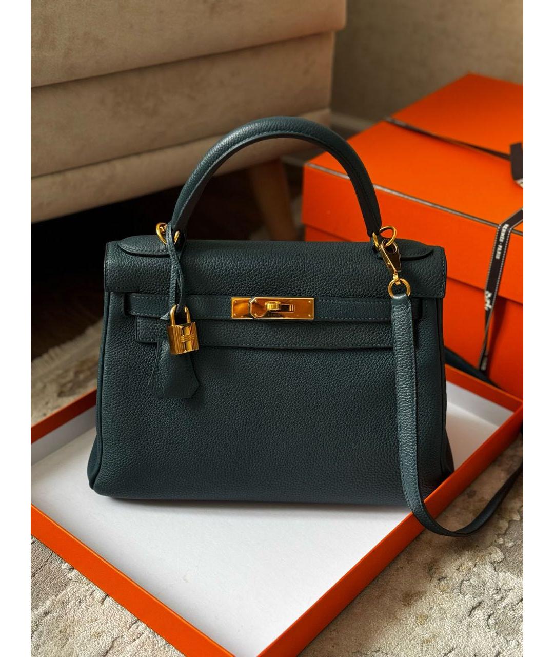 HERMES Зеленая кожаная сумка с короткими ручками, фото 9