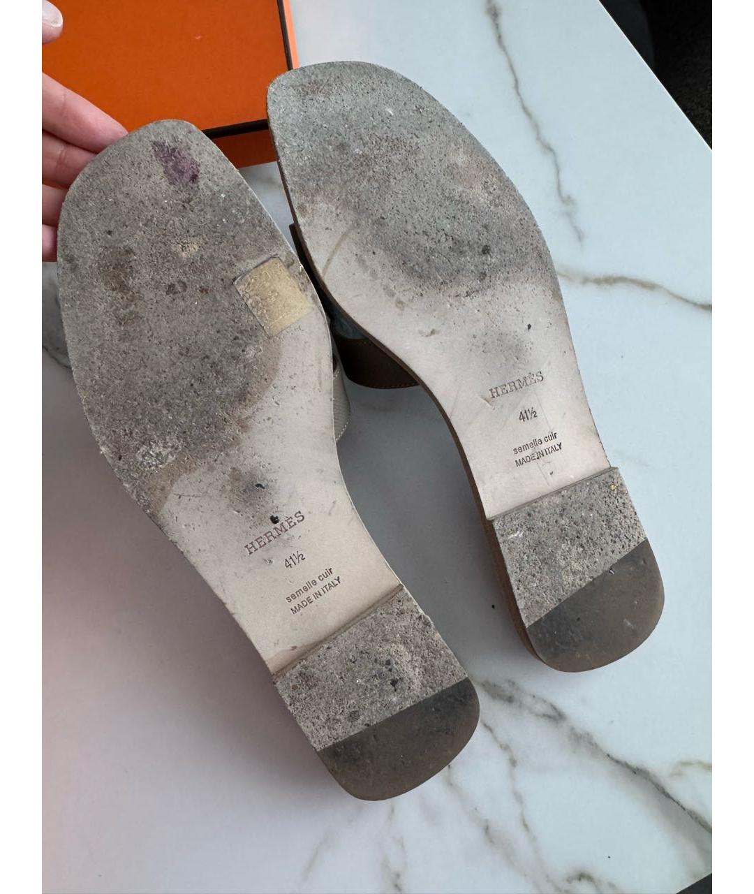 HERMES Коричневые кожаные шлепанцы, фото 5