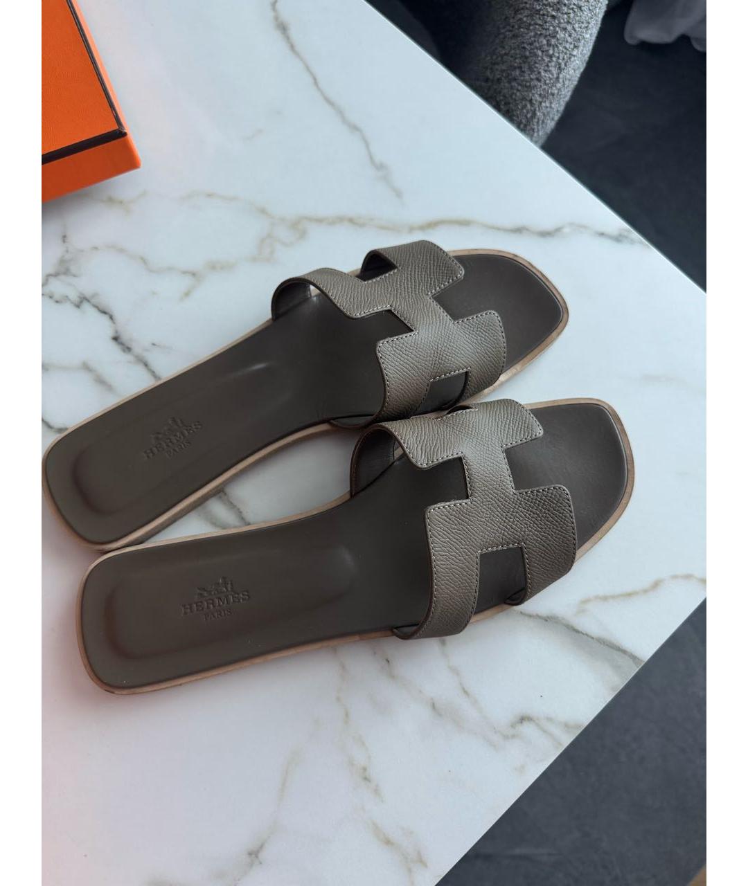 HERMES Коричневые кожаные шлепанцы, фото 3