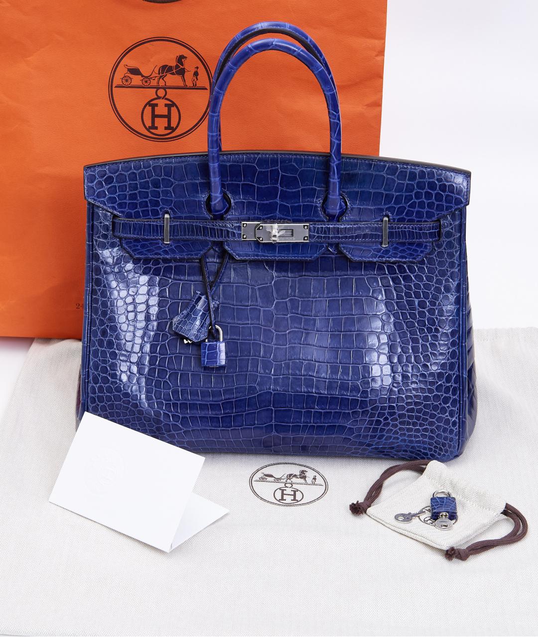 HERMES Синяя сумка с короткими ручками из экзотической кожи, фото 6