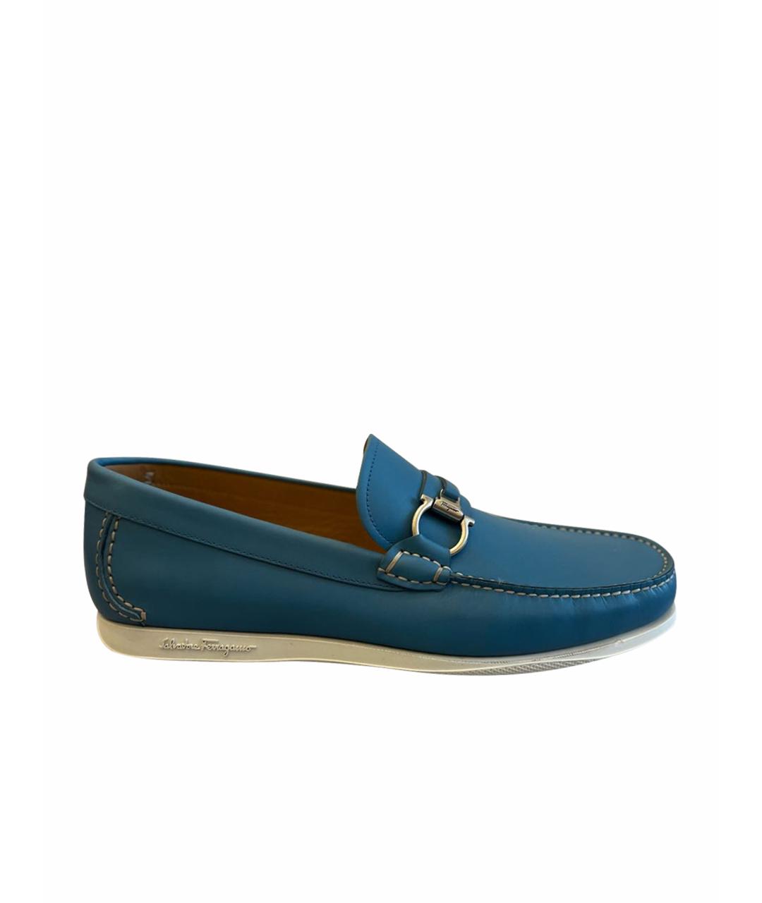 FERRAGAMO Голубые кожаные лоферы, фото 1