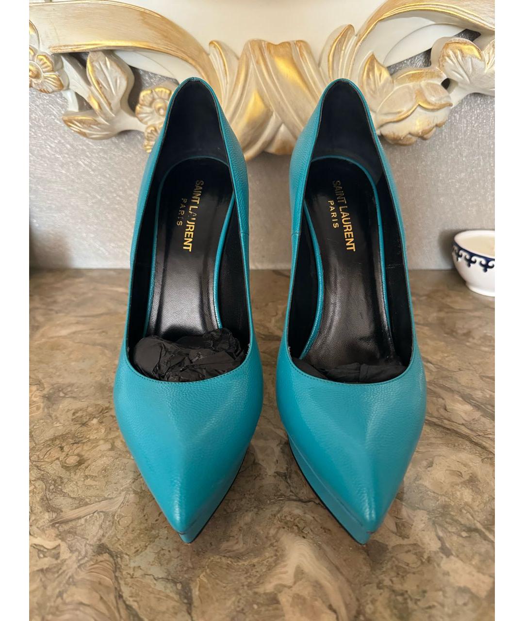 SAINT LAURENT Бирюзовые кожаные туфли, фото 2