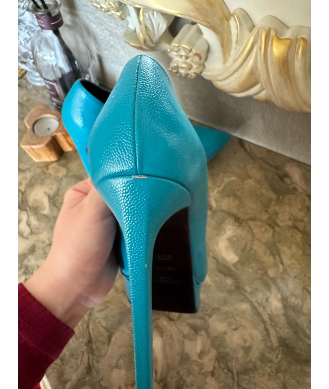 SAINT LAURENT Бирюзовые кожаные туфли, фото 8