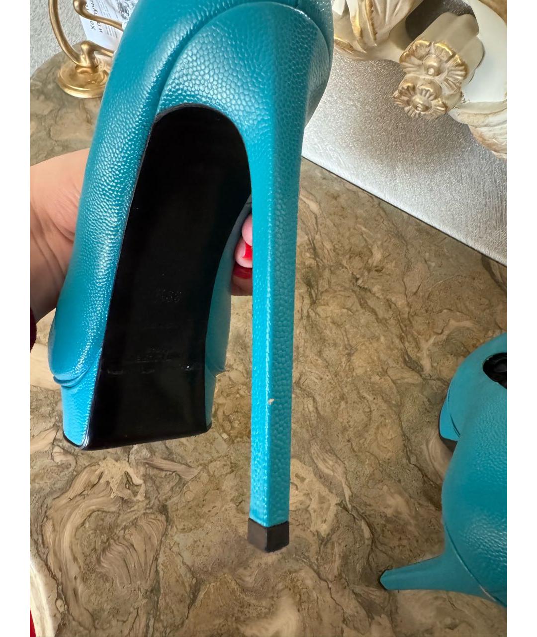 SAINT LAURENT Бирюзовые кожаные туфли, фото 7