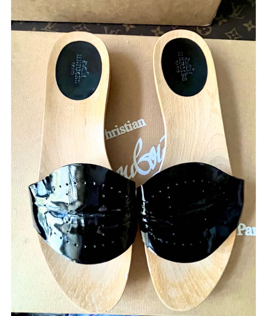 HERMES Черные шлепанцы из лакированной кожи, фото 2