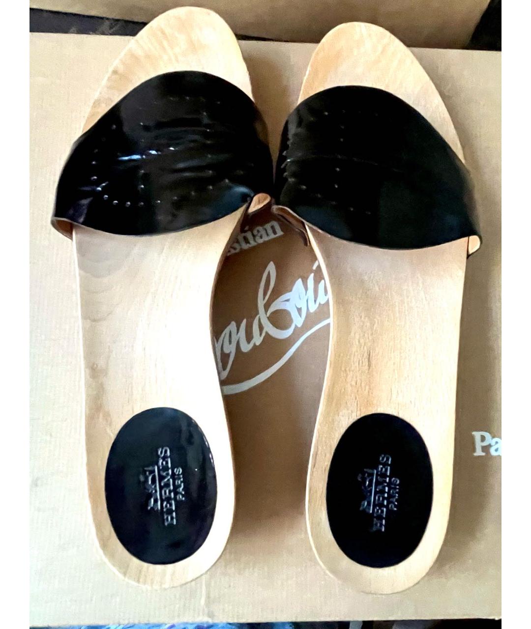 HERMES Черные шлепанцы из лакированной кожи, фото 5