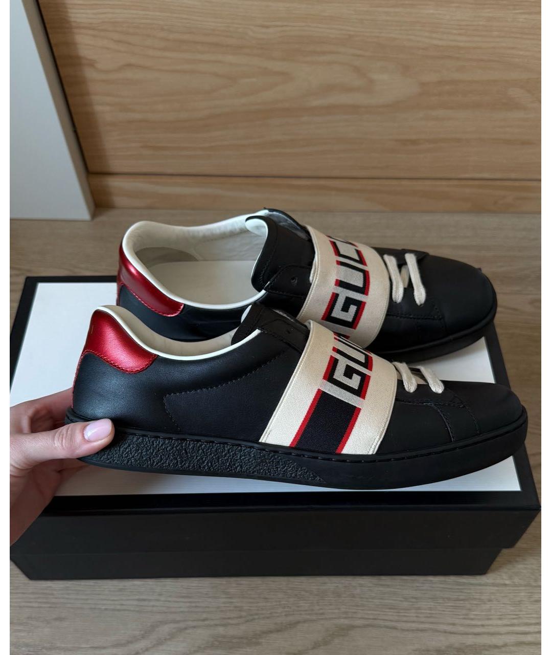 GUCCI Черные кожаные низкие кроссовки / кеды, фото 6