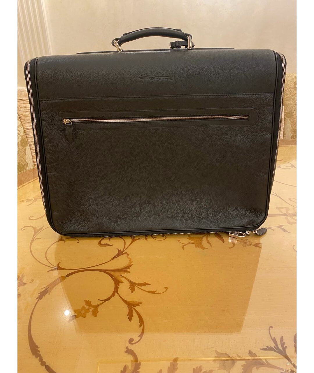 SANTONI Черный кожаный чемодан, фото 9