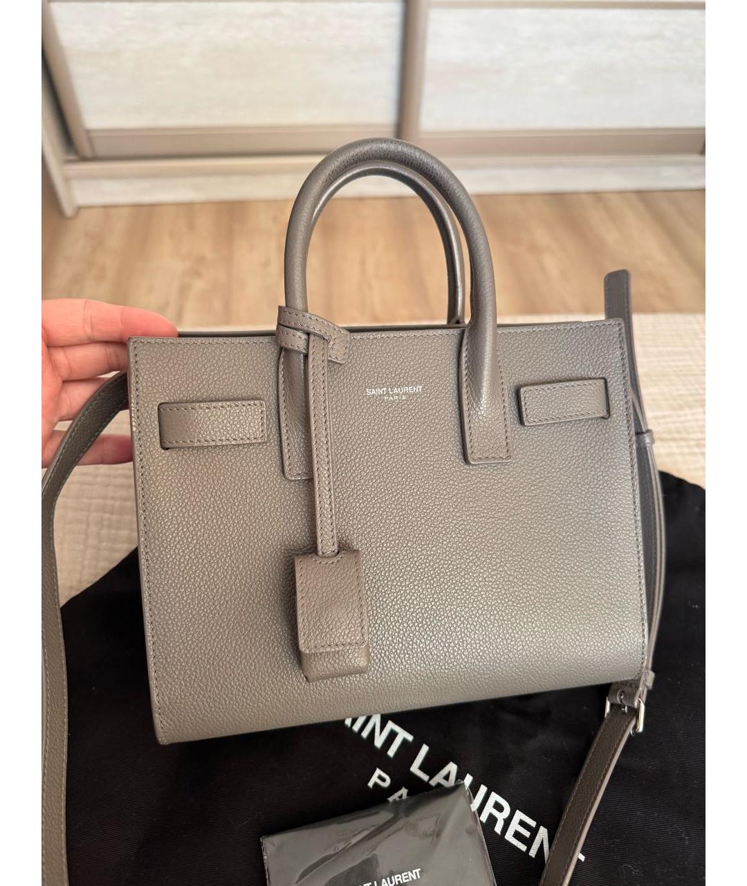 SAINT LAURENT Серая кожаная сумка с короткими ручками, фото 2