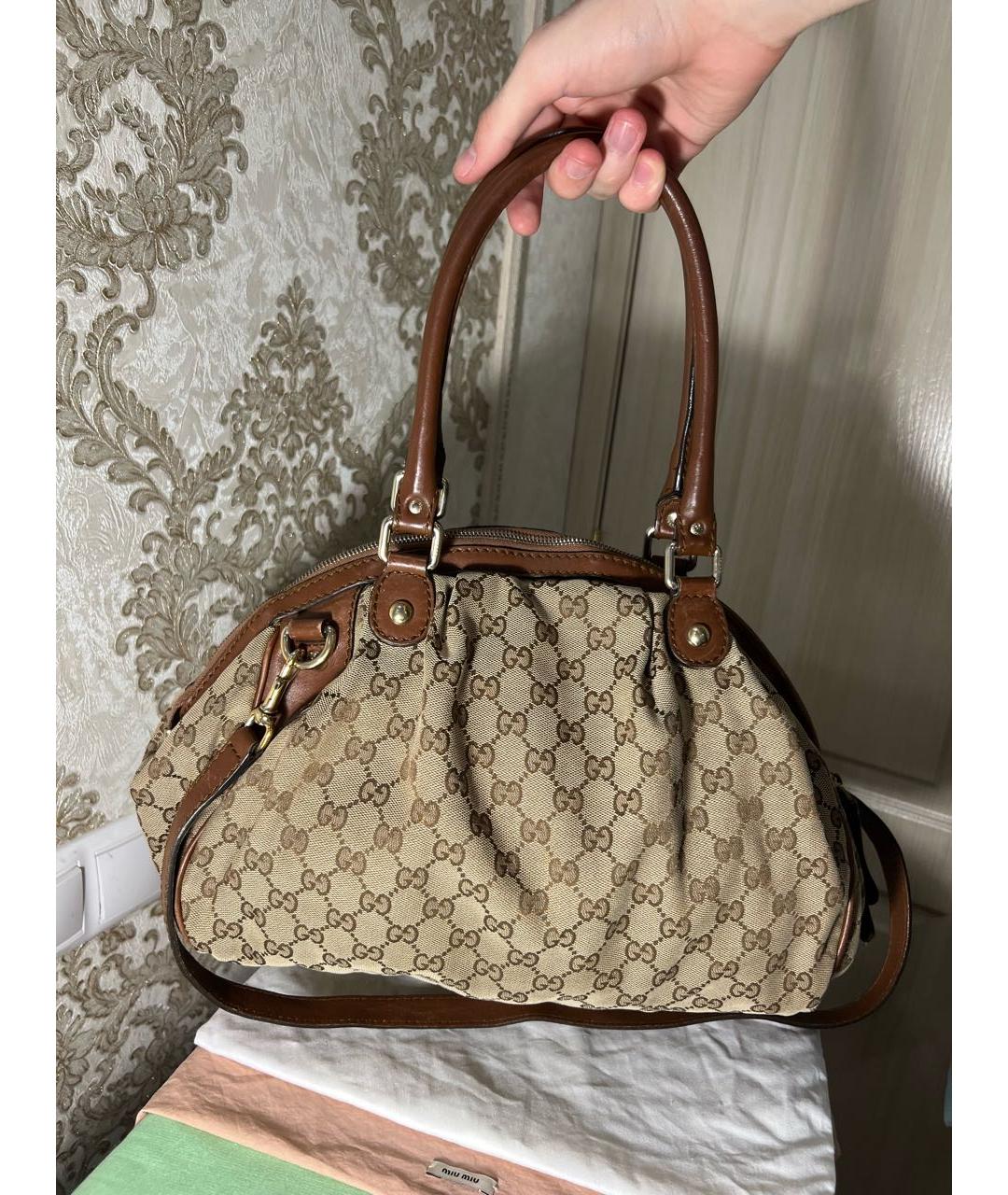 GUCCI Коричневая тканевая сумка с короткими ручками, фото 3