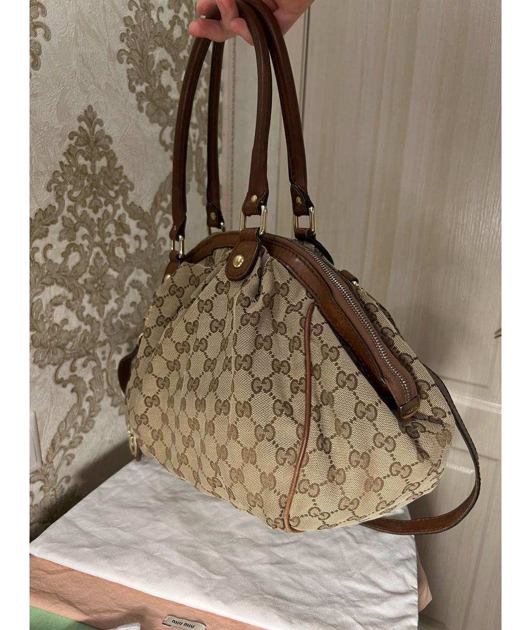 GUCCI Коричневая тканевая сумка с короткими ручками, фото 2