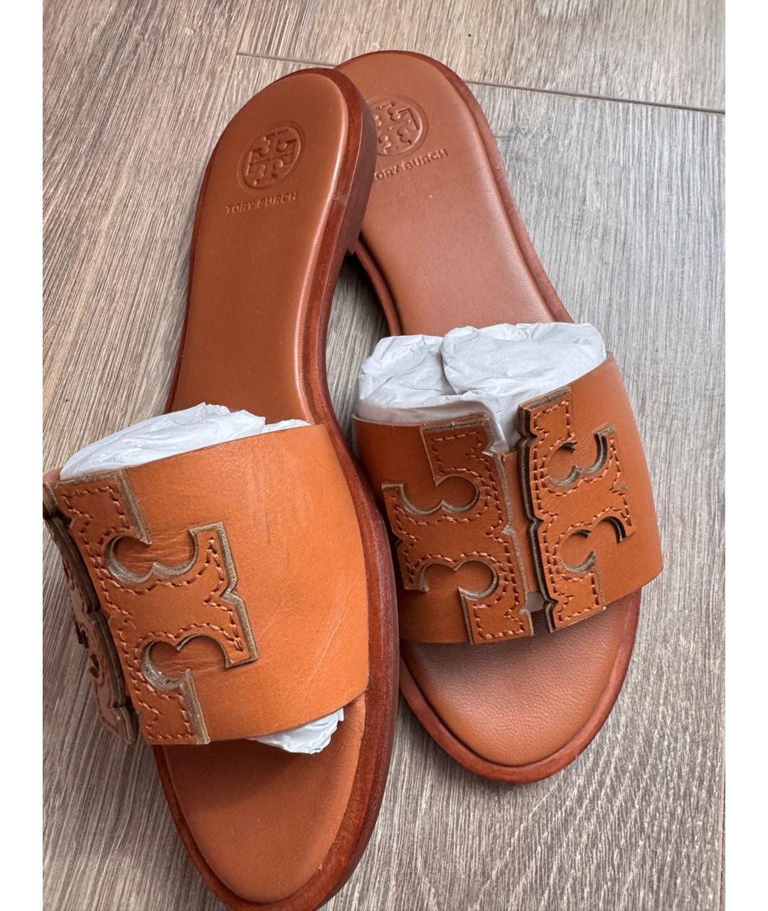 TORY BURCH Коричневые кожаные шлепанцы, фото 7