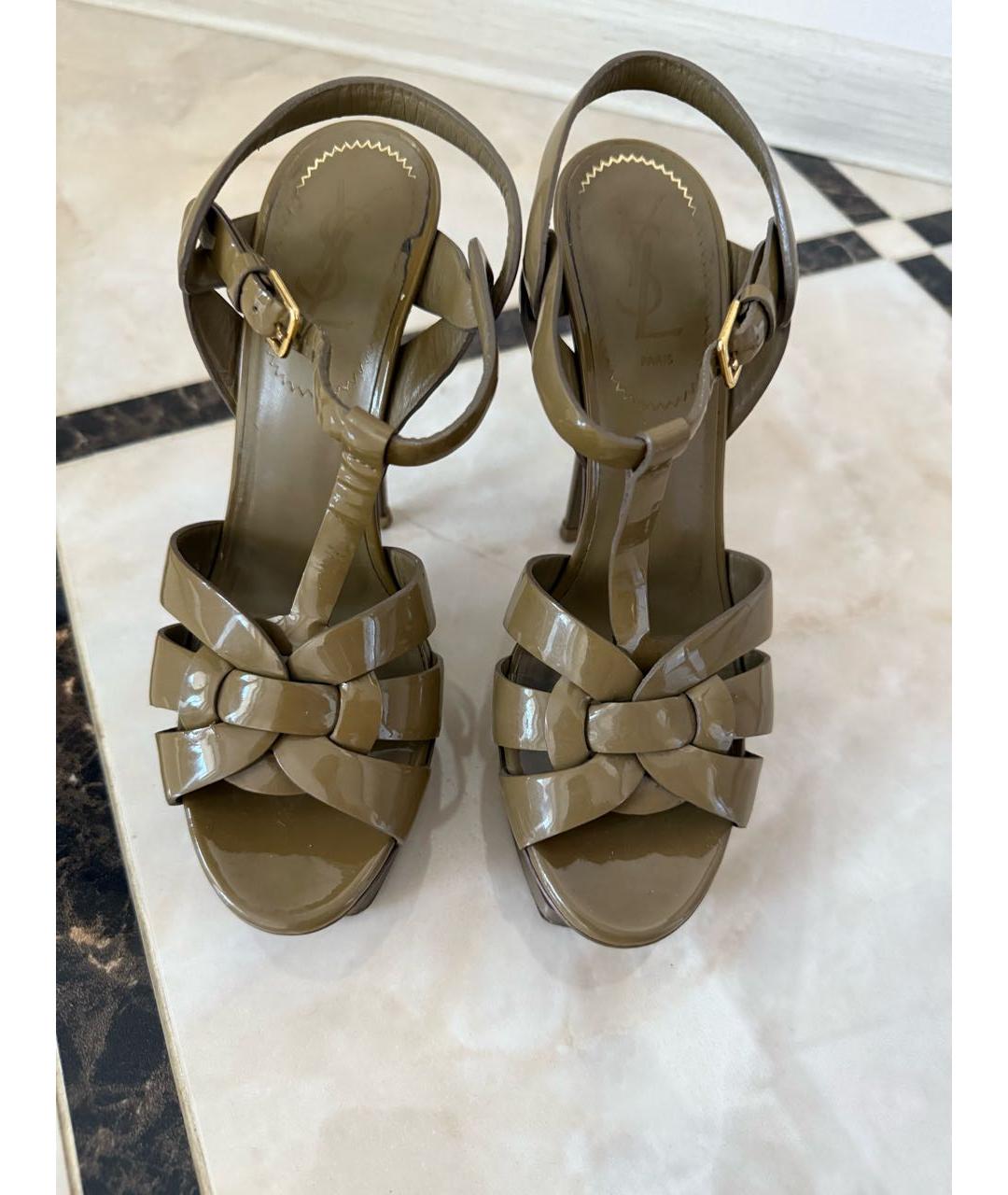 SAINT LAURENT Хаки босоножки из лакированной кожи, фото 2