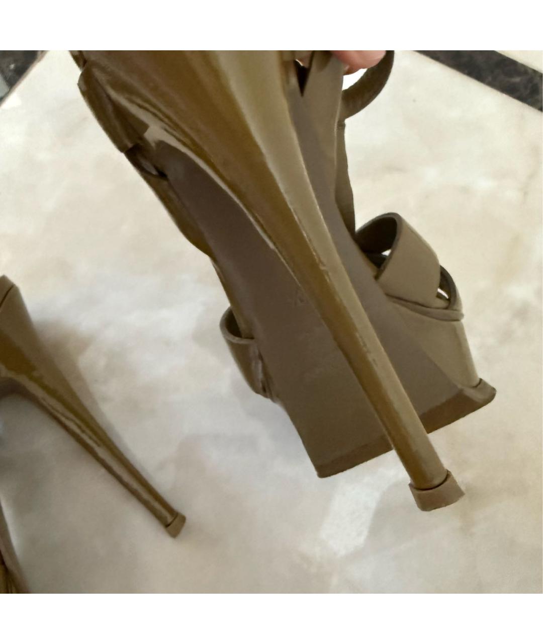 SAINT LAURENT Хаки босоножки из лакированной кожи, фото 7
