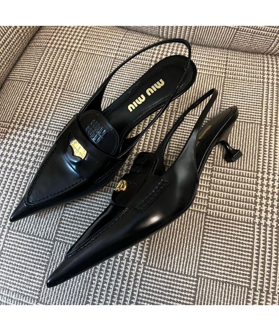 MIU MIU Черные кожаные лодочки на низком каблуке, фото 6