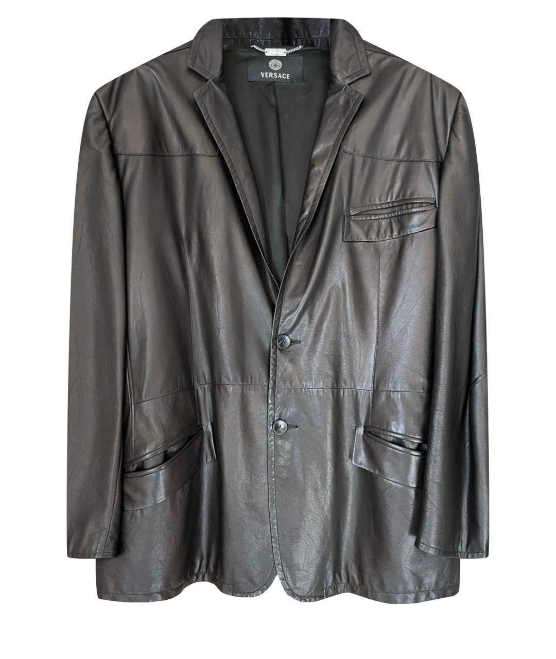 VERSACE Черный кожаный пиджак, фото 1