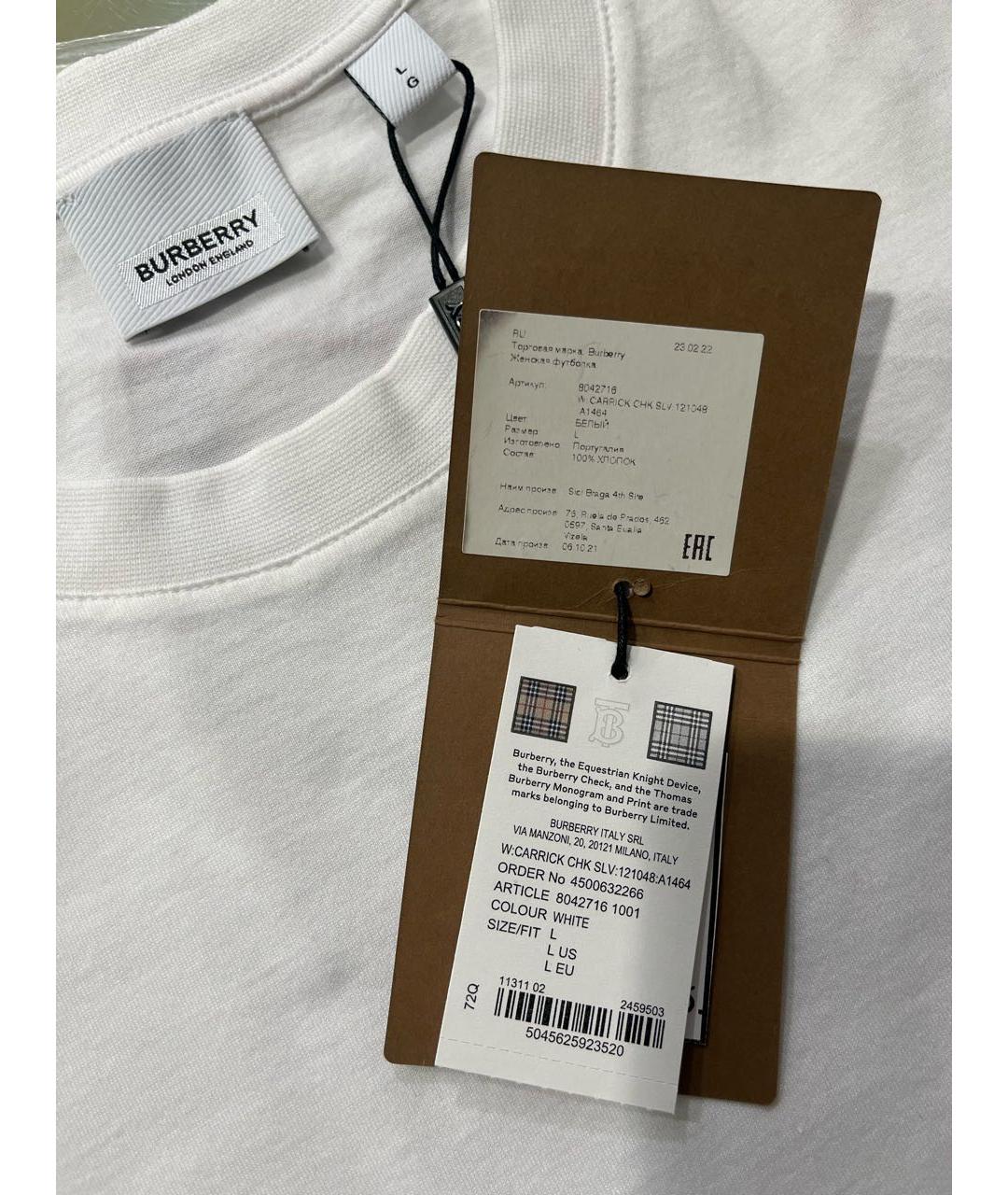 BURBERRY Белая хлопковая футболка, фото 3