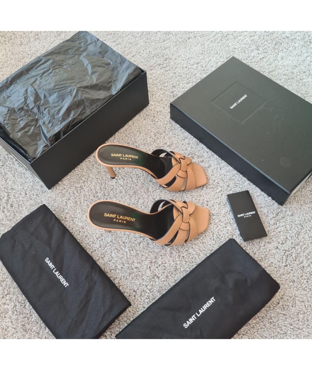 SAINT LAURENT Бежевые кожаные мюли, фото 2