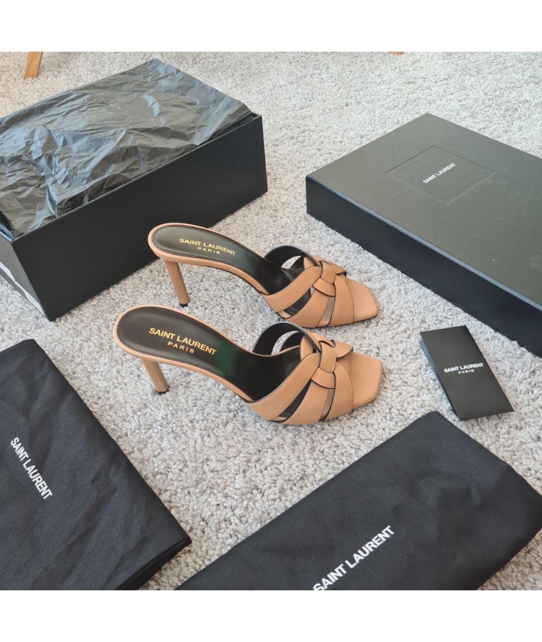 SAINT LAURENT Бежевые кожаные мюли, фото 3