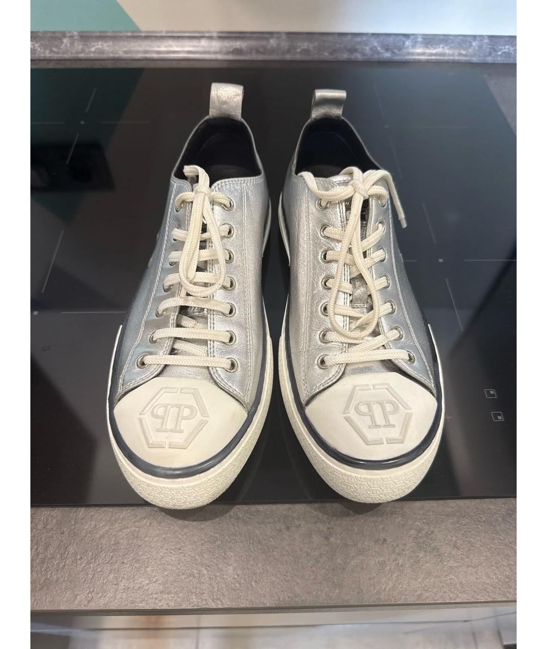 PHILIPP PLEIN Серебряные кожаные кеды, фото 2