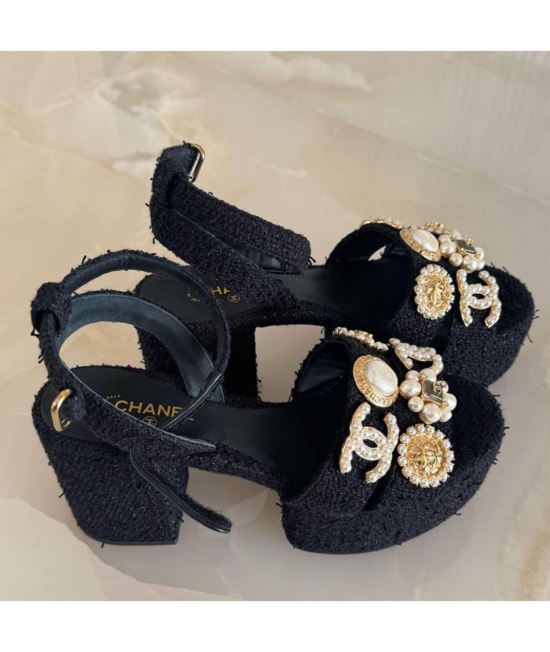 CHANEL Черные текстильные босоножки, фото 4