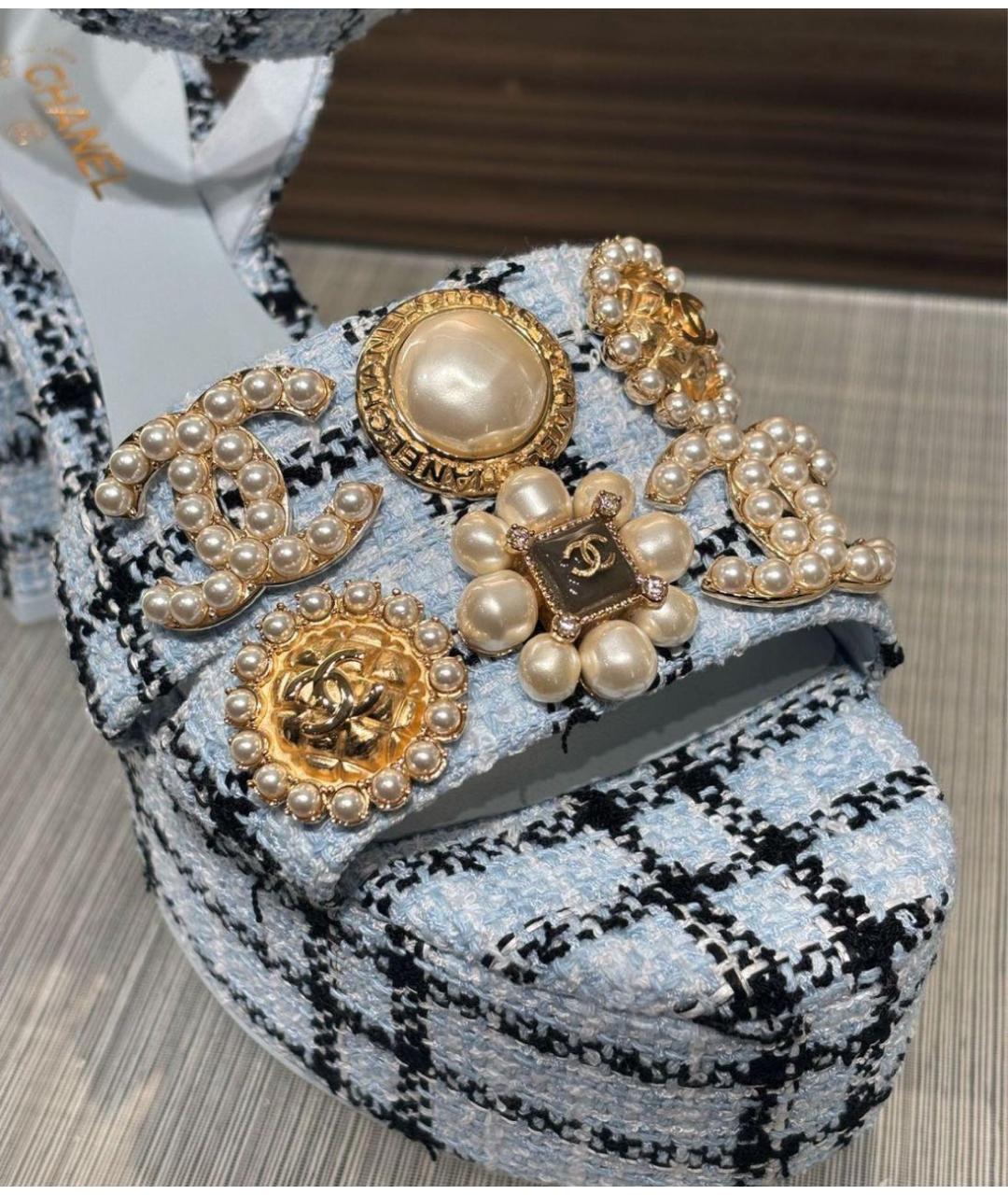 CHANEL Голубые текстильные босоножки, фото 5