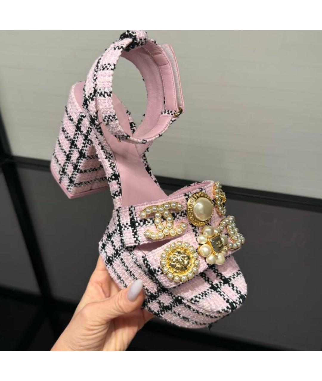 CHANEL Розовые текстильные босоножки, фото 6