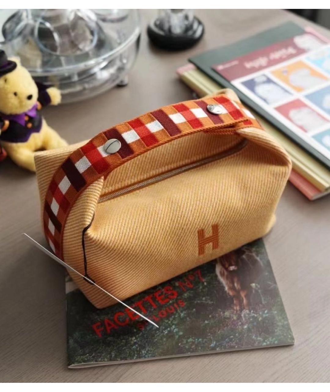 HERMES Горчичная хлопковая косметичка, фото 3