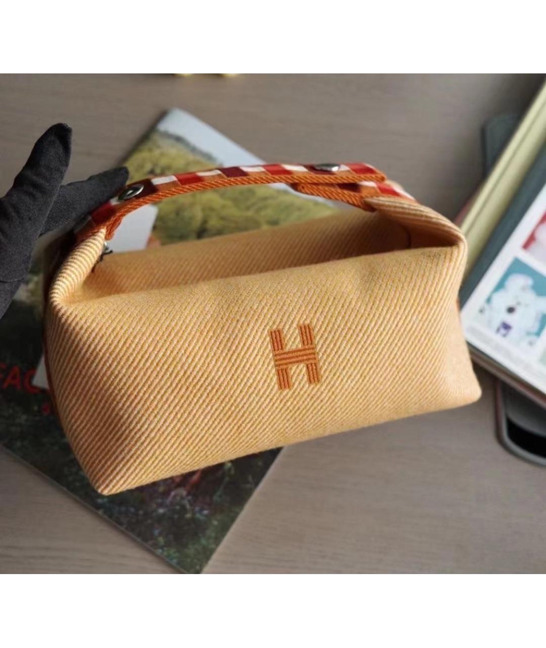 HERMES Горчичная хлопковая косметичка, фото 5